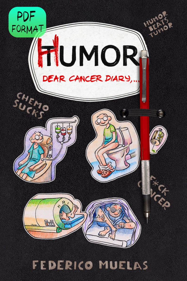 Op de afbeelding: Een zwarte boekomslag met de titel Humor Dear Cancer Diary door Federico Muelas. Het bevat een rode pen, een groen PDF Format-label en cartoonillustraties van een persoon die medische behandelingen ondergaat, inclusief tekst.