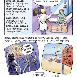 Op de afbeelding: Een stripverhaalpagina met meerdere panelen getiteld page 2 of 10. Het toont een medisch consult, een concertsc&egrave;ne met de tekst BORN IN THE USA, een strand met een bord ATTENTION clothing optional beyond this point en een spelletje Marco Polo in water.