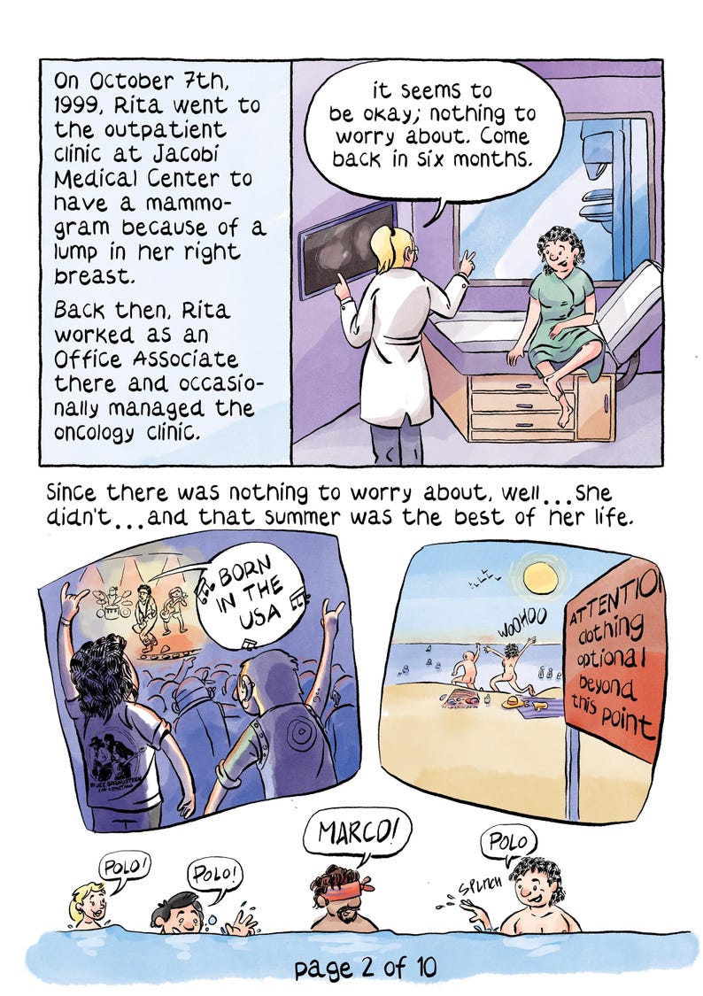 Op de afbeelding: Een stripverhaalpagina met meerdere panelen getiteld page 2 of 10. Het toont een medisch consult, een concertsc&egrave;ne met de tekst BORN IN THE USA, een strand met een bord ATTENTION clothing optional beyond this point en een spelletje Marco Polo in water.