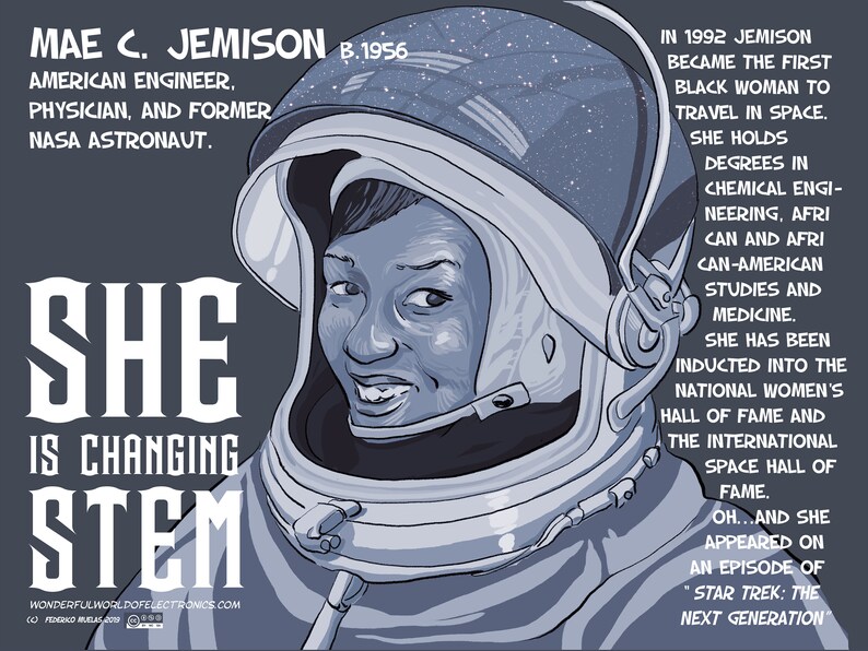 May include: A blue-toned graphic illustration of Mae C. Jemison wearing an astronaut helmet. Text includes her name, birth year, and biographical details about her career as an engineer, physician, and astronaut, alongside the phrase SHE IS CHANGING STEM.