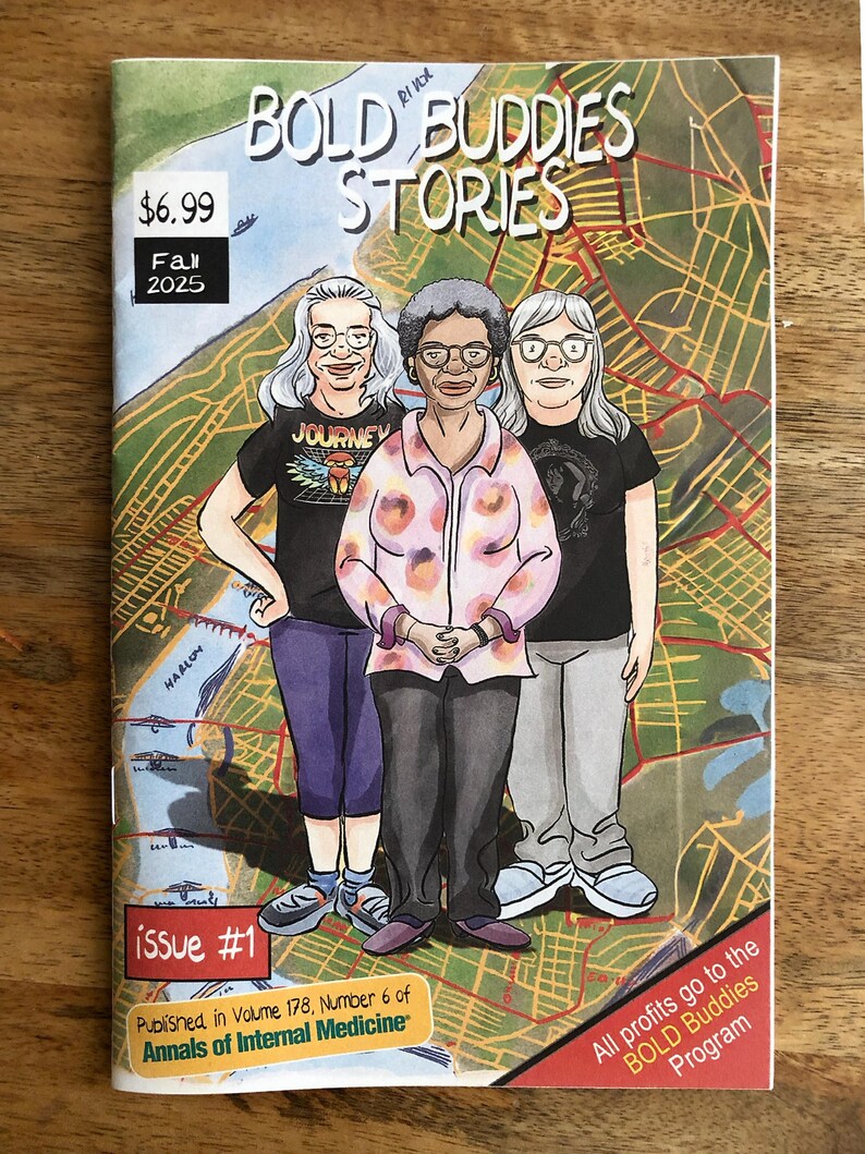 Op de afbeelding: Een stripboek getiteld Bold Buddies Stories, herfst 2025, nummer 1, met drie ge&iuml;llustreerde personen voor een kaart. De cover bevat de tekst $6.99, Published in Volume 178, Number 6 of Annals of Internal Medicine en All profits go to the BOLD Buddies Program.