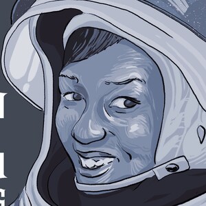 May include: A stylized illustration of a person wearing a space helmet with a wide visor. The artwork uses a monochromatic blue and grey color palette. The person has a smiling expression and is looking toward the right side of the frame.