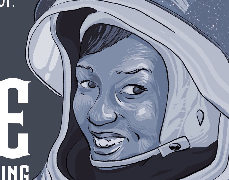 May include: A stylized illustration of a person wearing a space helmet with a wide visor. The artwork uses a monochromatic blue and grey color palette. The person has a smiling expression and is looking toward the right side of the frame.