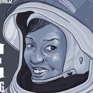 May include: A black and white illustration of a woman wearing an astronaut suit and helmet. The helmet has a starry design. The woman is smiling.