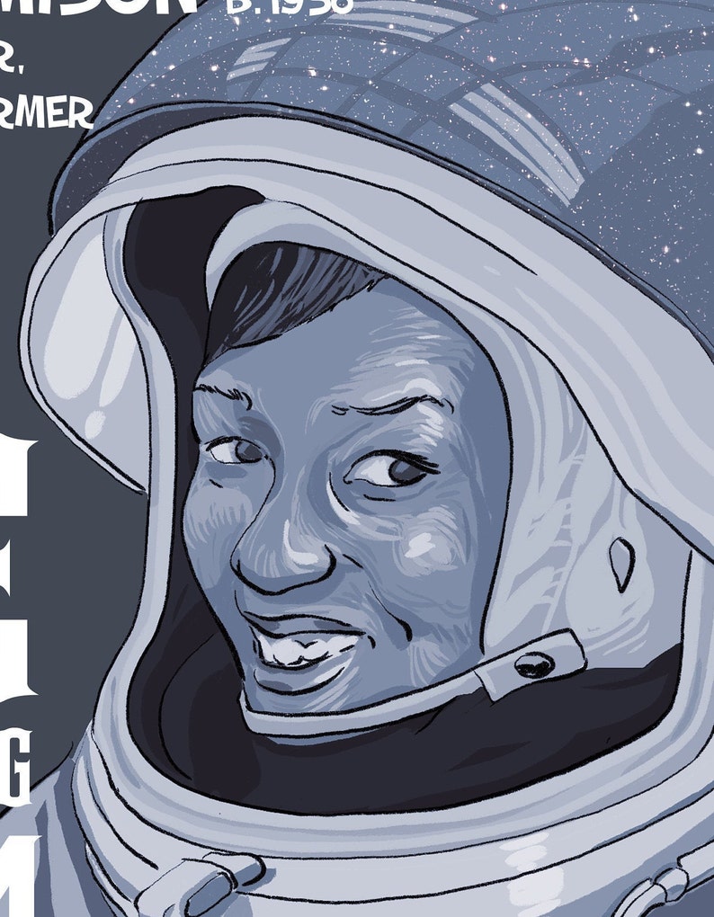 May include: A black and white illustration of a woman wearing an astronaut suit and helmet. The helmet has a starry design. The woman is smiling.