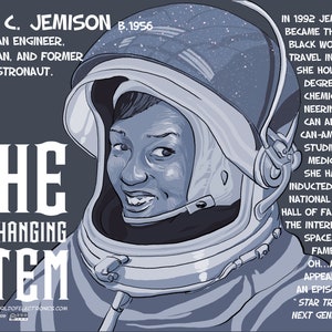 May include: A black and white illustration of Mae Jemison, an American engineer, physician, and former NASA astronaut. She is wearing a space suit and smiling. The text "SHE IS CHANGING STEM" is written in large, bold letters below her. The text "WONDERFULWORLDOFELECTRONICS.COM" is written in smaller letters below the text "STEM".