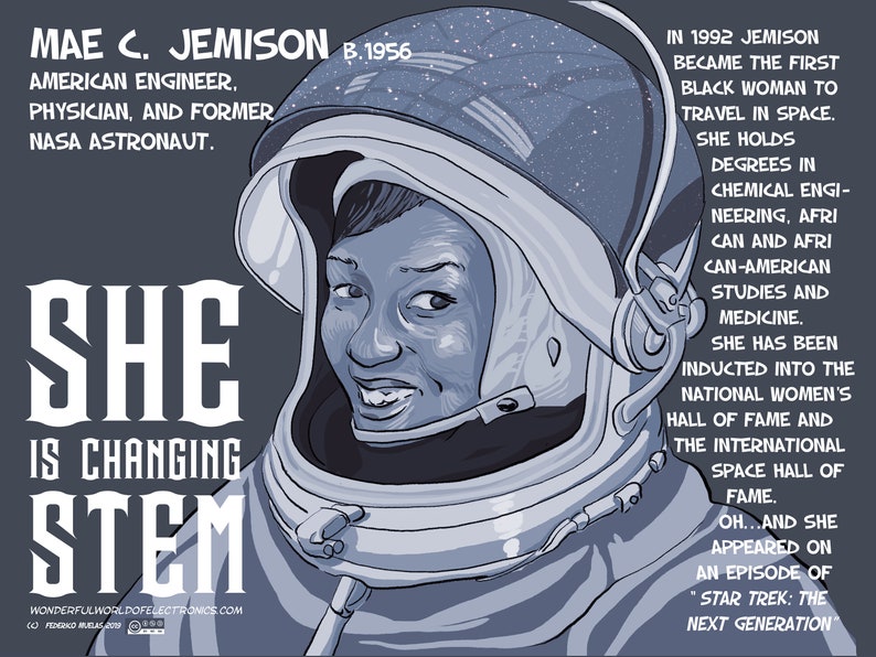 May include: A black and white illustration of Mae Jemison, an American engineer, physician, and former NASA astronaut. She is wearing a space suit and smiling. The text "SHE IS CHANGING STEM" is written in large, bold letters below her. The text "WONDERFULWORLDOFELECTRONICS.COM" is written in smaller letters below the text "STEM".