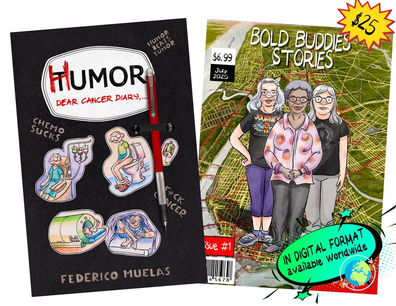 Op de afbeelding: Een zwart dagboek getiteld Humor Dear Cancer Diary door Federico Muelas met een rode pen en stickers, naast een stripboek getiteld Bold Buddies Stories met drie ge&iuml;llustreerde personages op een groene kaartachtergrond met tekst.