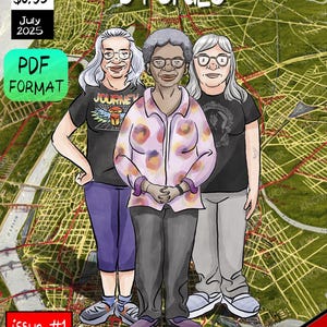 Op de afbeelding: Een digitale stripboekcover getiteld BOLD BUDDIES STORIES, nummer 1, gedateerd juli 2025. Het toont drie ge&iuml;llustreerde figuren voor een groene kaartachtergrond. Tekst bevat PDF FORMAT en All profits go to the BOLD BUDDIES Program.