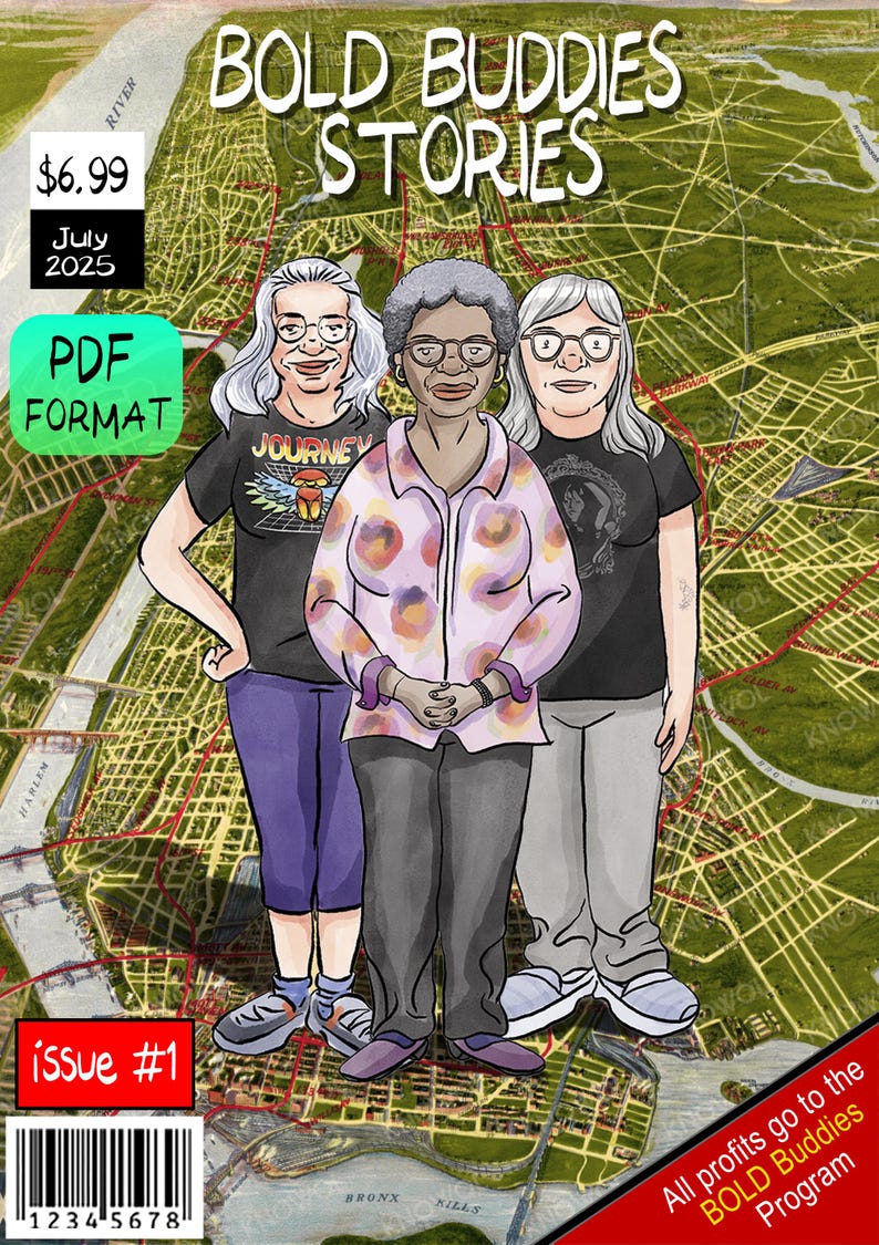 Op de afbeelding: Een digitale stripboekcover getiteld BOLD BUDDIES STORIES, nummer 1, gedateerd juli 2025. Het toont drie ge&iuml;llustreerde figuren voor een groene kaartachtergrond. Tekst bevat PDF FORMAT en All profits go to the BOLD BUDDIES Program.