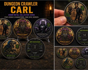 Dungeon Crawler Carl Collector Coins Set – 40mm Metal Fantasy Challenge Coins – Carl, Princess Donut, Mongo, AI & Mordecai – DCC Fan Gift