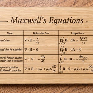 May include: A rectangular wooden plaque with the text "Maxwell's Equations" at the top. The plaque features a table with mathematical formulas, including Gauss's law and Ampère's circuital law, in differential and integral forms. The wood has a light brown color.