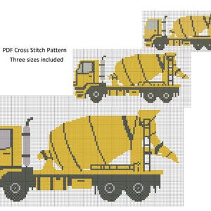Può includere: Un modello a punto croce con tre betoniera gialle e grigie. Il testo "PDF Cross Stitch Pattern Three sizes included" è visualizzato sopra i camion. I camion sono su uno sfondo a griglia.