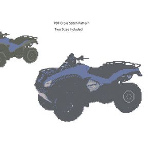 Op de afbeelding: Een PDF-kruissteekpatroon met twee blauwe en zwarte ATV's. De tekst bovenaan luidt "PDF Cross Stitch Pattern" en daaronder "Two Sizes Included."