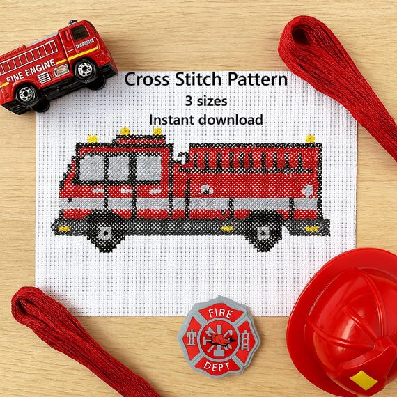 Fire Truck Cross Stitch Pattern PDF – Firefighter Gift & Emergency Vehicle Decor