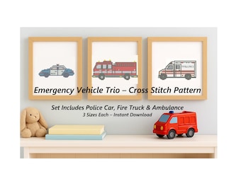 Emergency Vehicle Cross Stitch Pattern Bundle: Fire Truck, Police Car, Ambulance (PDF)