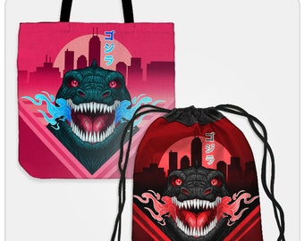 Godzilla Bags (tote, cinch, sling, laundry), by Stablercake