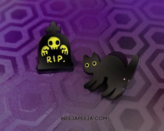 Black Cat and Tombstone  Enamel Pins, by WeejaPeeja