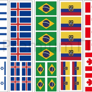 Peut inclure: Une feuille d'autocollants représentant des drapeaux de différents pays. Les drapeaux incluent Israël, l'Islande, le Brésil, l'Équateur et le Canada. Chaque drapeau est répété plusieurs fois sur la feuille.