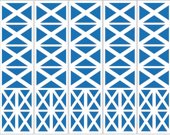 May include: A repeating pattern of blue triangles with white lines forming an X shape. The pattern is repeated across five panels.