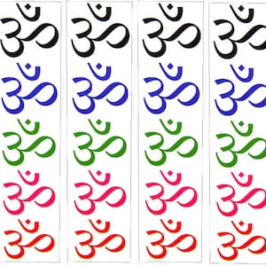 May include: A sheet of stickers featuring the Om symbol in five different colors: black, blue, green, pink, and red. Each color has five Om symbols.