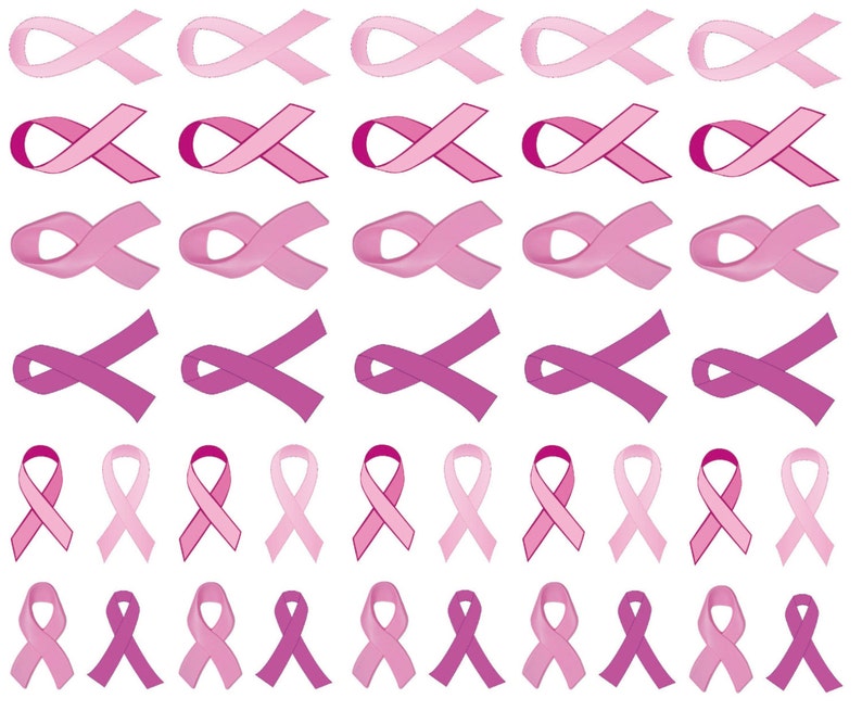 May include: A sheet of pink and purple ribbon stickers. The stickers are in the shape of a ribbon, a symbol of breast cancer awareness.