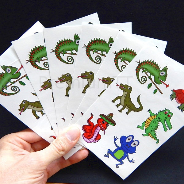 Premium Reptile Temporary Tattoos, Party Favors: Crocodile, Turtle, Frog, Chameleon, Komodo Dragon, Snake