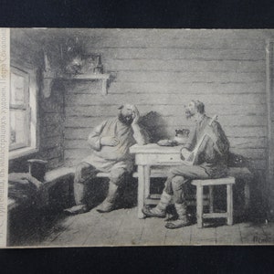 Carta postale russa antica. Note del cacciatore. Artista Sokolov. Publ. Pescatore 1900