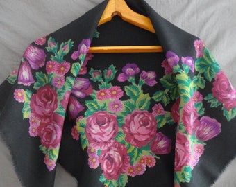 Vintage Ukrainian Shawl with Peony and Rose. Woolen Black Shawl. Floral Shawl. Colorful Scarf