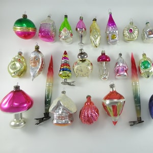 Old Rare Glass Christmas Ornaments for Festive Mood. Candle, Colored Pyramid, Alarm Clock, Pine Cone with Face, House, Lamp, Crystal  #24