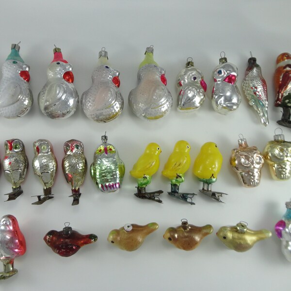 Glass Christmas Birds. Cute Chicks. Owl. Duck. Parrot. Vintage Christmas Tree Ornaments