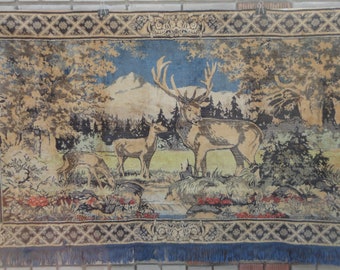 Vintage Rustic Gobelin 79.5-44.5" in. Tapestry Landscape. Nature. Mountain. Deers Tapestry