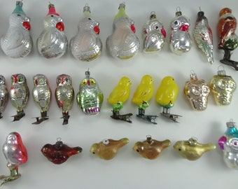 Glass Christmas Birds. Cute Chicks. Owl. Duck. Parrot. Vintage Christmas Tree Ornaments