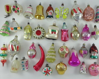 Various Glass Christmas Ornaments. Red Horn. Icicle. Car Auto. Sun Flower. Lighthouse