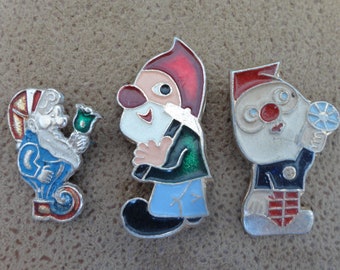 Three Fairytale Gnomes. Vintage Enamel Pin