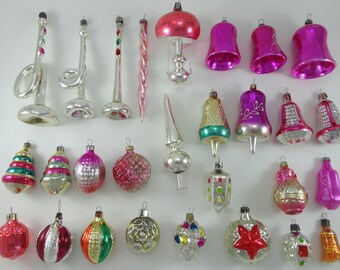 Variety of Old Christmas Tree Decoration. Trumpet Trombone. Noisy Pink Bell