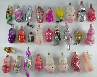 Glass Bird and Animals. Three Piglets, Parrot, Nestling, Lion, Squirrel, Penguin. Vintage Christmas Tree Ornaments