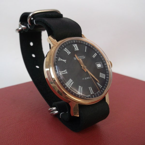 Wostok Vintage Watch with Leather Strap / Data Watch /Roman Numerals 1980's