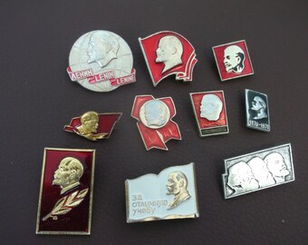 Old Soviet Communist Pins. Vintage Enameled Socialist Pins. Lenin Idol of Proletariat