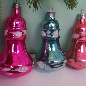 Glass Colored Bells. Set of Vintage Christmas Tree Glass Ornaments