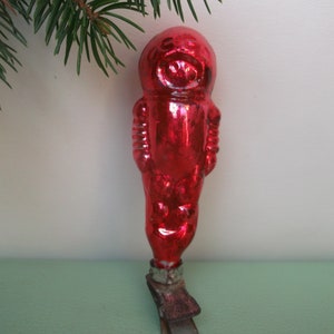 Red Spaceman. Red Cosmonaut in Space Suit. Vintage Christmas Tree Glass Ornament