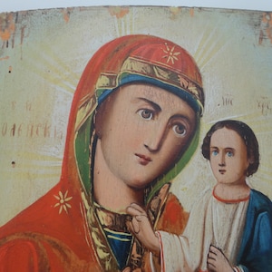 Virgin Mary Smolenskaya with Jesus. Antique Russian Orthodox Icon with Craquelure. Christian Religious Painting 1900s