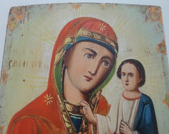 Virgin Mary Smolenskaya with Jesus. Antique Russian Orthodox Icon with Craquelure. Christian Religious Painting 1900s