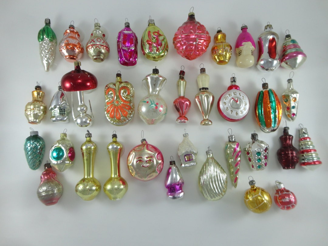 Unusual Glass Ornaments. Variety of Vintage Christmas Decoration. Cute Ornament. Clock. Traffic
