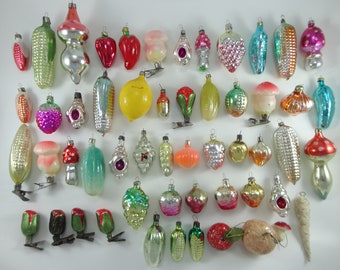 Glass Snail, Pepper, Honeycomb, Bud Peony, Mushroom. Vintage Colorful Christmas Tree Decorations. Set of Charming Vegetables and Berries.