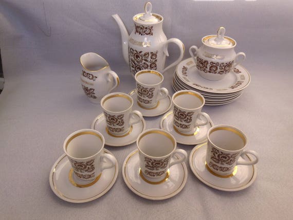 Vintage Coffee Set to 6 persons Russian Porcelain Coffee Cup Teapot Saucers Soviet Vintage 1970-80s