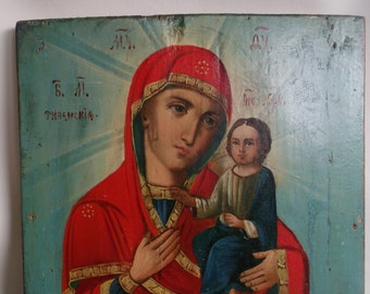 Antique Russian Orthodox Icon. Religious Christian Icon. Theotokos of Tikhvin 1900s