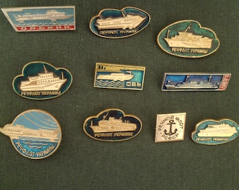 Navios fluviais e barco. Navios Marítimos. Emblemas esmaltados vintage