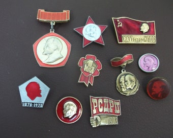 Vintage Propaganda Enameled Pins of Soviet Communist Party. Lenin Pin