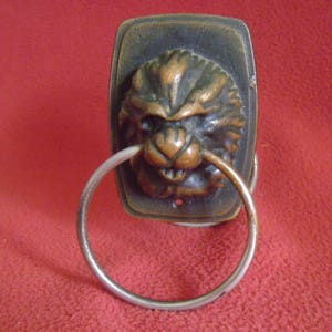 May include: A brown metal door knocker with a lion's head design. The knocker has a silver ring attached to it.